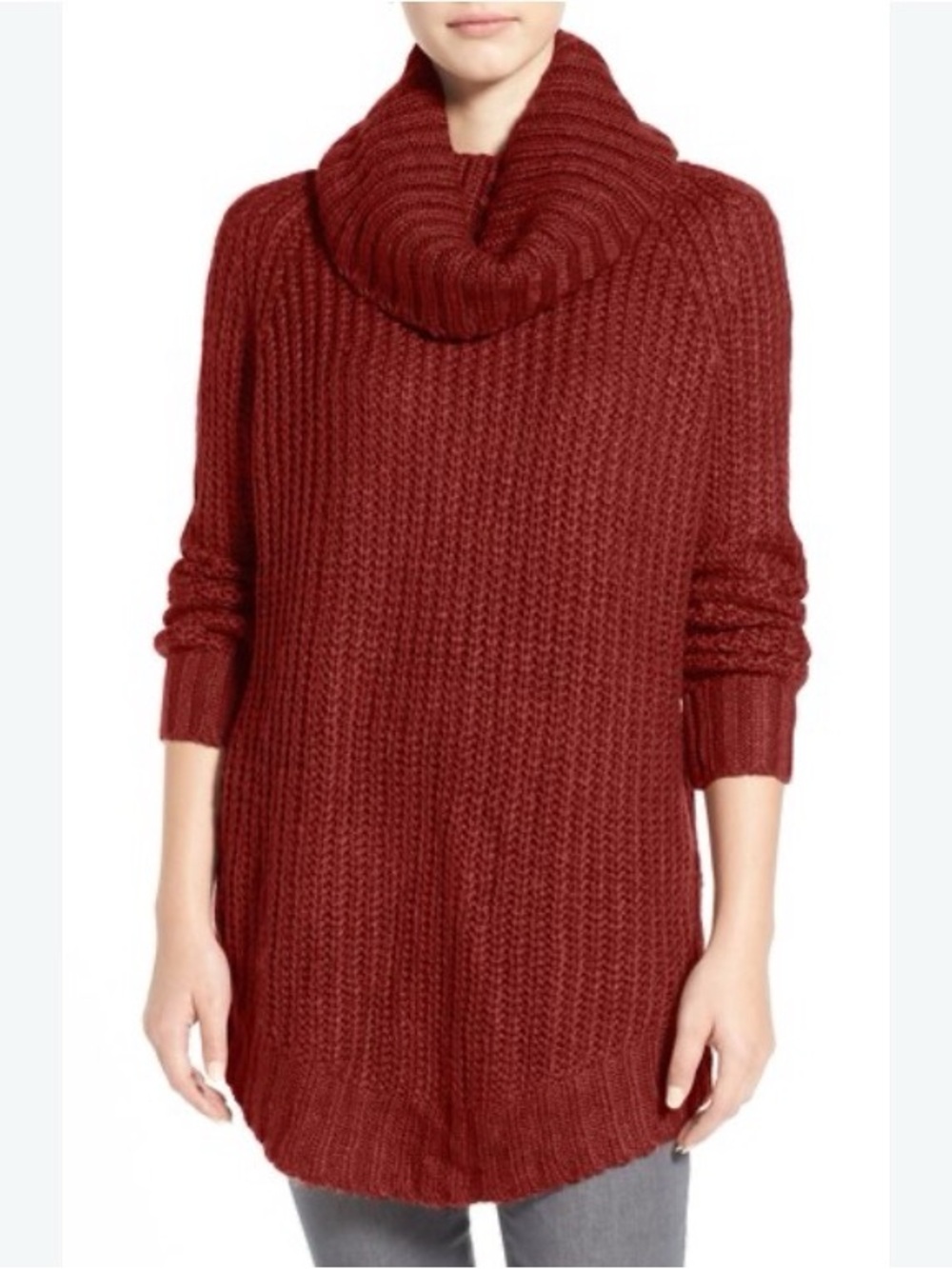 a new day Ribbed Cowl Neck Sweater Tunic in Deep Brick Red
